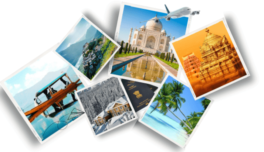 A collage of travel photos featuring iconic destinations: an airplane flying over the Taj Mahal in India, a tropical beach, a boat on serene waters, snow-covered cabins, a golden temple, and a coastal village.