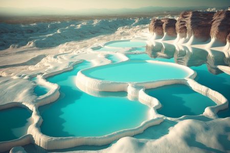 Pamukkale mineral hotsprings of natural travertine white and glistening rain drops create ripples on the placid pools of beatiful aqua nature